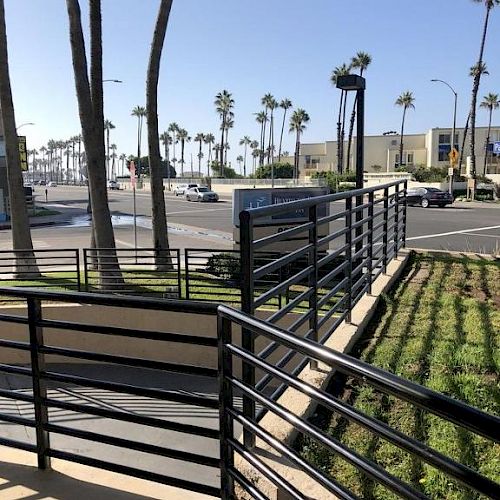 A sunny street scene with palm trees, railings, a crosswalk, and buildings in the background, capturing a coastal or warm climate area.