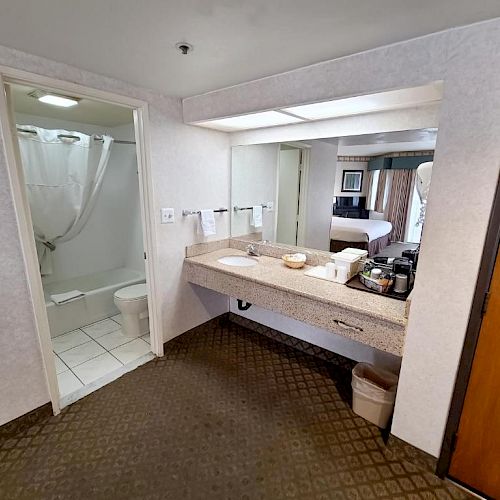 The image shows a hotel room with a bathroom that has a shower, toilet, and sink; a vanity area with a mirror, and a glimpse of the bedroom.