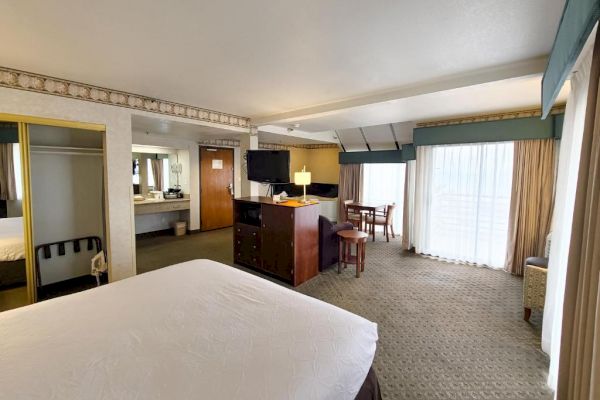 A hotel room with a bed, TV, dresser, table and chairs, closet with mirrored doors, and a large window with curtains.