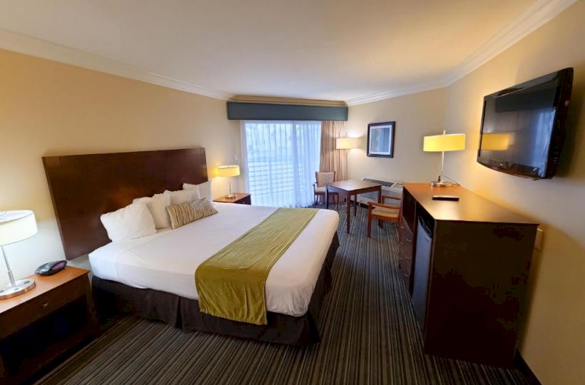 This image shows a hotel room featuring a large bed with white sheets and a green runner, two nightstands, a desk and chair, a dresser with a TV.