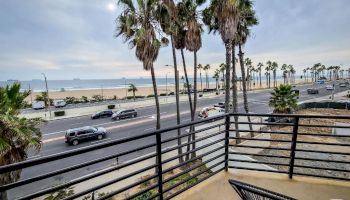 A beach view from a balcony with palm trees lining the street, cars driving by, and the ocean visible in the distance under a cloudy sky.